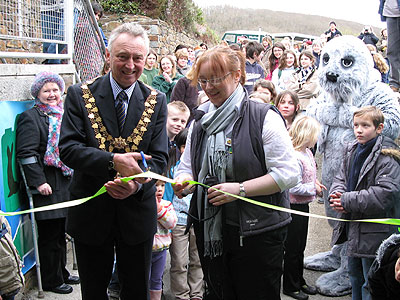 The Mayor of Helston cuts the ribbon with Sarah Vine, the Sanctuary's Attraction Manager